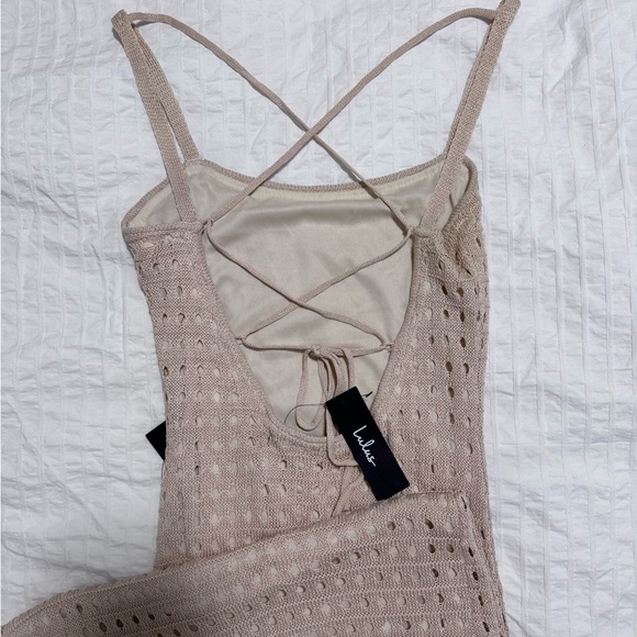 Lulus Neutral Crochet Open-Back Midi Dress – Size Small - Picture 6 of 6